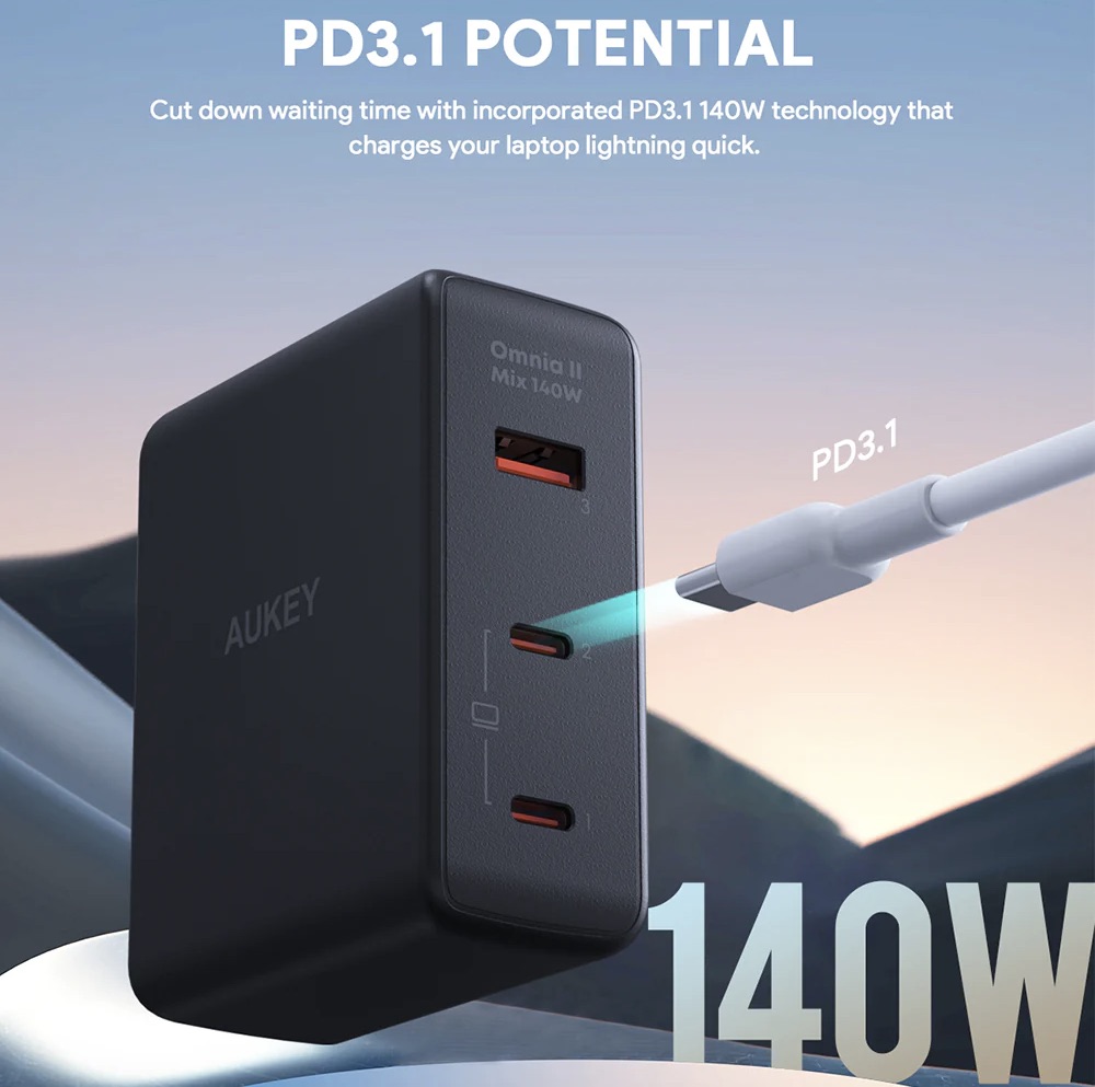 Aukey-PA-B7O-Omnia-II-140W-With-Mix-3-Port-2-USB-CUSB-A-Device-Power-Delivery-3.1-Charging-GaN-Chip-With-Interchangeable-EU-US-UK-Plugs-Description-1